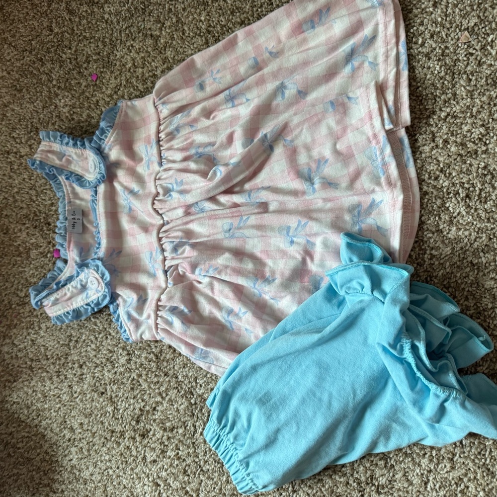 Girls Pink & Light Blue Floral Matching Set - Dress with Bloomers